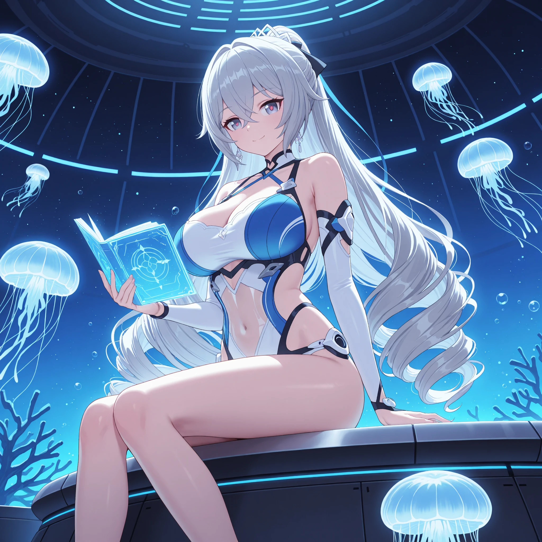 barefoot wet thicc fitness model with her wet body after a dive, bathing inside glowing pool indoors of spaceship. the glittery sky outside of the ship can ben seen through a window in the background and, together with exotic neon flora and bioluminescent plantlife, cast striking bounce light on her wet form in the dark dimly lit room, the caustic reflections of the pool bounce dappled light dramatically on her wet skin. (at the edge of the pool, is a pair of heels made of glass). stark contrast, sharp details, fine details, detailed background, dynamic, scenic, perspective, composition, rule of thirds, cinematic, detailed face, detailed body