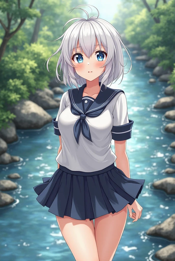 masterpiece,Top image quality,hight resolution,imagem 4k,Raw photo,Photorealsitic,{Solo},teens girl,Embarrassment,Silver Short Bob,stare at each other,Wet,Blue eyes,小柄,tits out,Silver fox ears,Fox tail,lake,Bathing in water,boyish,a sailor suit,