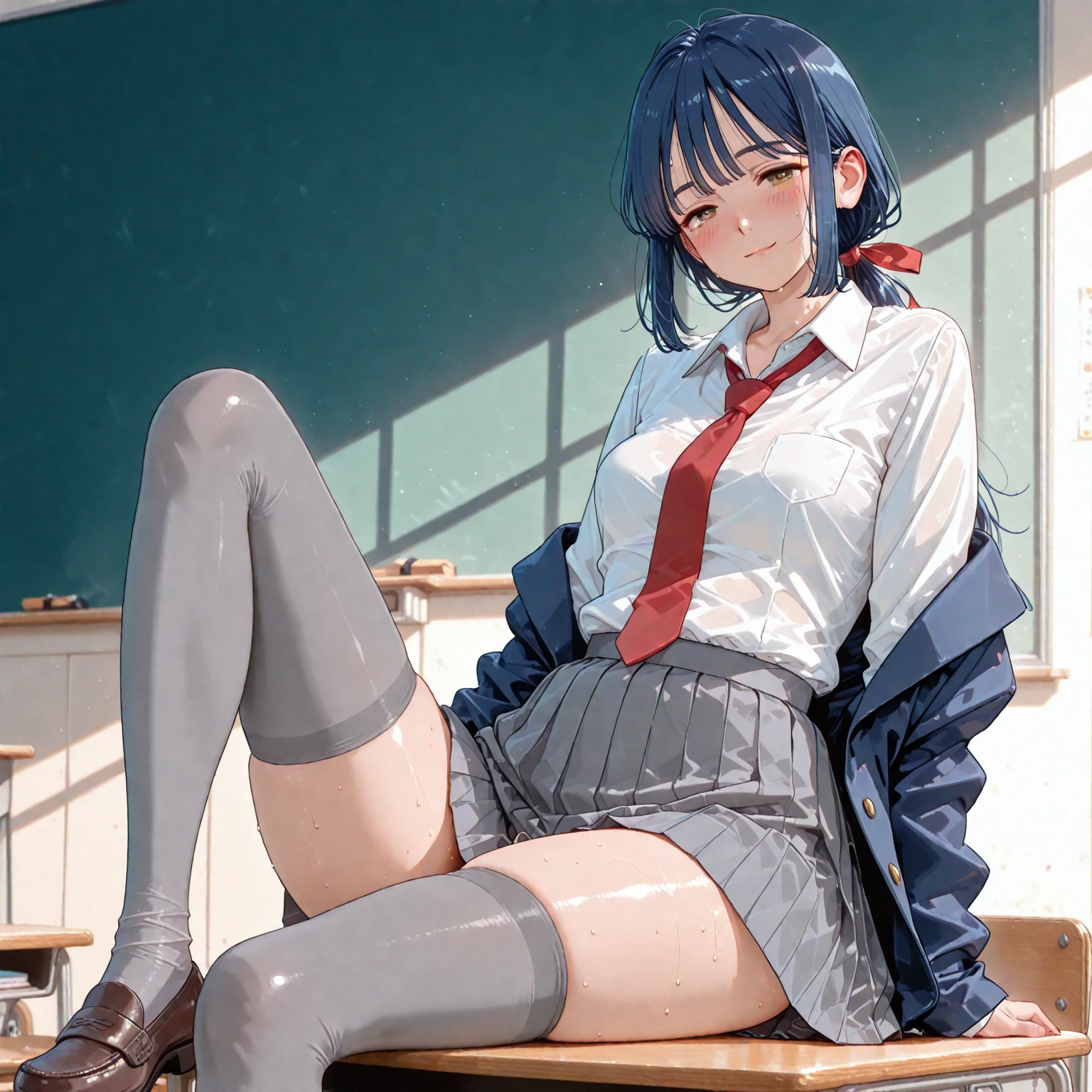 1 girl, full body, (slim body:1.2), (huge breasts:1.1), black hair, short hair, brown eyes, school uniform, white shirt, long sleeve shirt, dark blue pleated skirt, (black tights:1.1), light blue bowtie, red rimmed glasses,