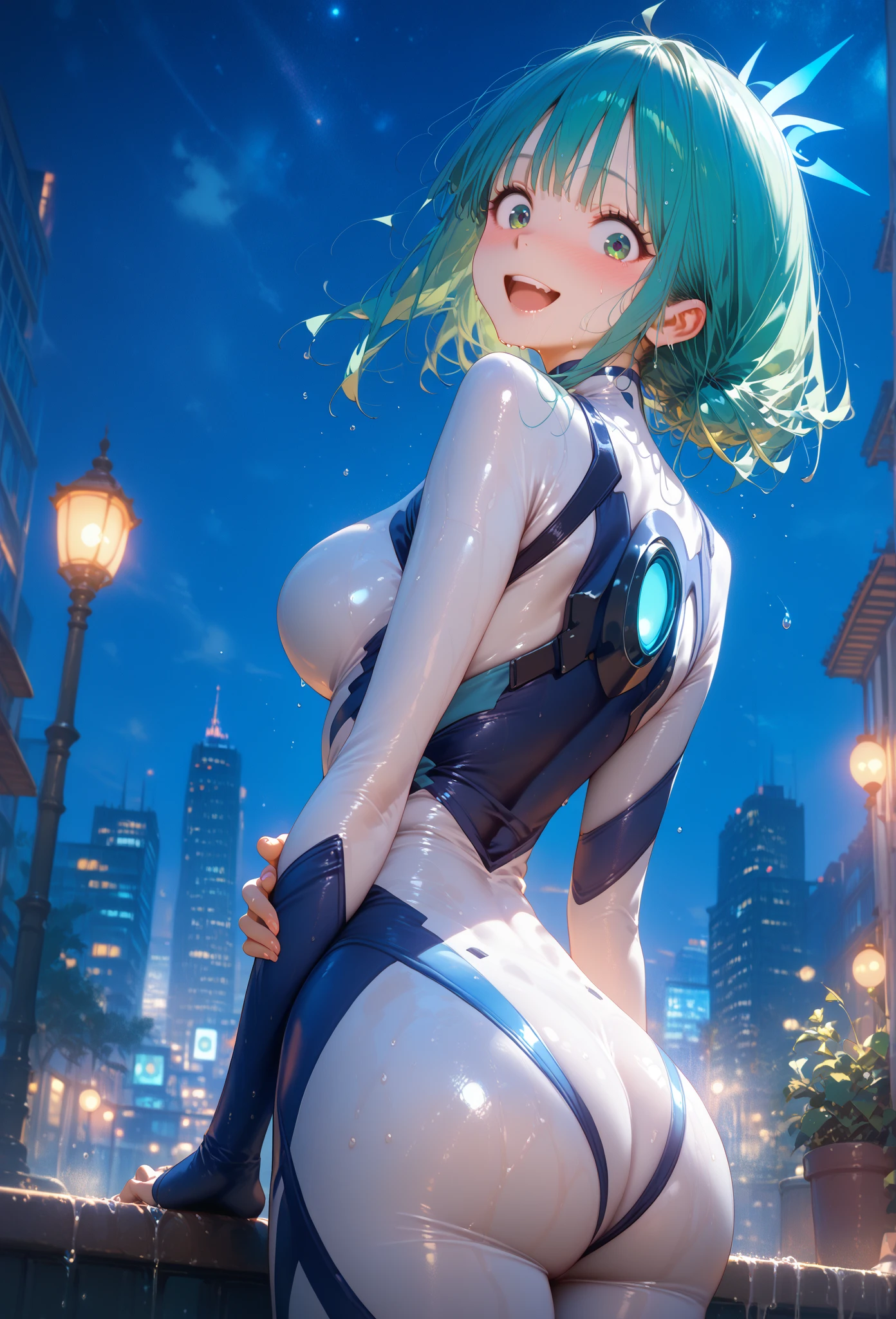 high resolution、high quality、blue hair、bob hair blue eyes、17 year old girl、big breasts、The chest is boldly displayed、Natural clothing、smiling、whole body、