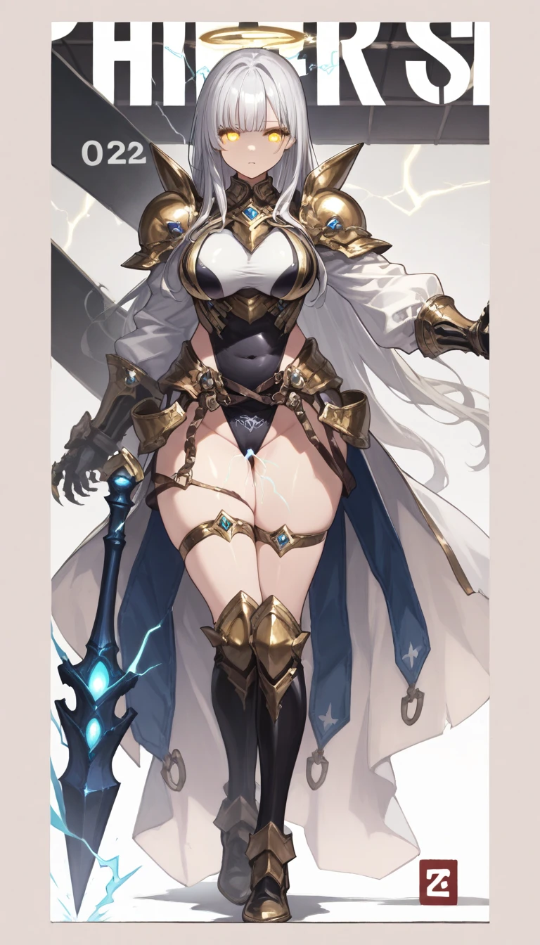 extremely long hair , ponytail, perfect anatomy 1 girl tall solo, slim thick, ((muscular)) high elf toned body, silver breast plate, blue cape, slendered abs, hourglass waist, detailed face, defined cheekbones, puffy lips, gauntlets, gold crown, shadow over eyes, looking at viewer, masterpiece, white thigh highs lingerie, high heels