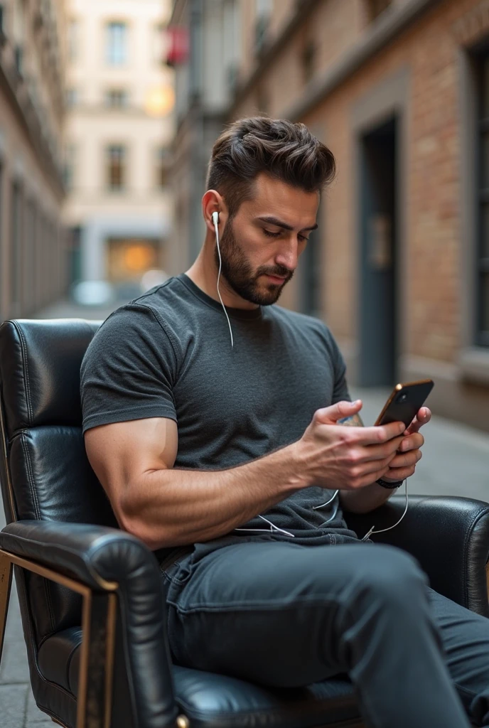 Create a picture of a man who is 2 and physically good and wear a halt tshirt and joggers and wear a headphone and have a mobile phone in his hand he is casually sitting on a chair and there is writing charls on the background