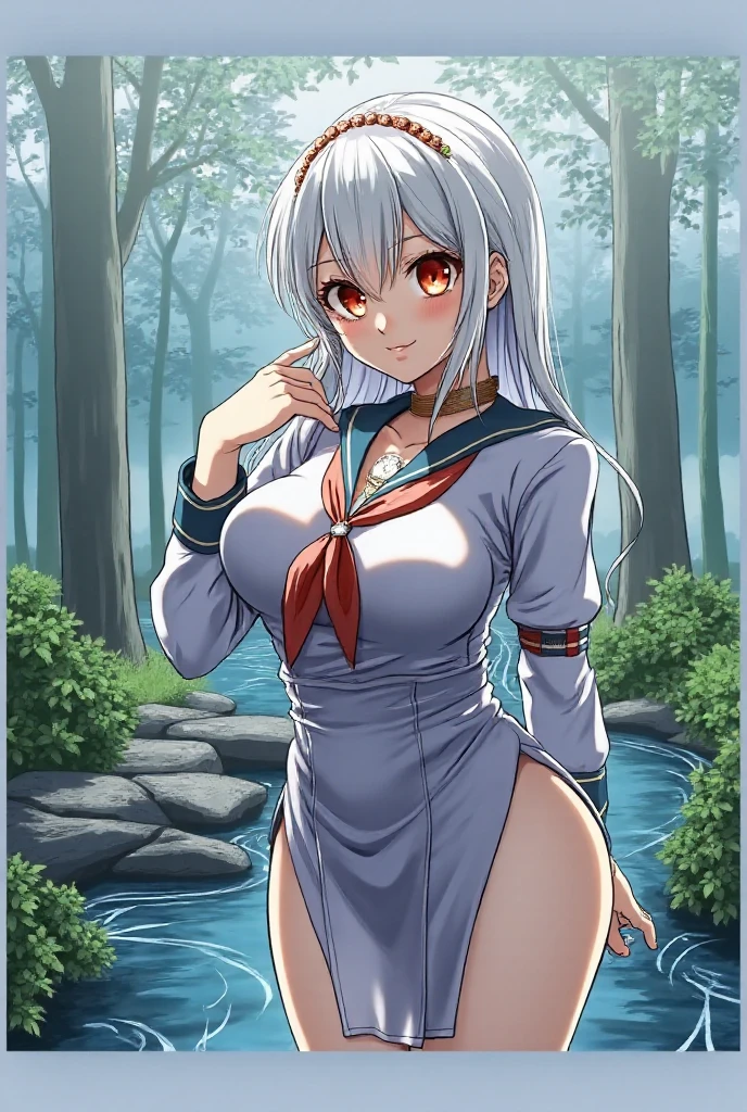 hight resolution, absurdres, best_Quality, Ultra_Detailled, 8K, extremely_clear, photo, beautiful, Beautiful face, Scharp Focus, HDR, 1girl, Clean eyes, very wide-eyed,old japanese town in the mountains in the background , Beautiful face, very red areola, standing , very seductive pose, very young, no bra, bare chest, , naked, No Top, NSFW, gray hair with ponytail, bare, no clothing, pussy, nude