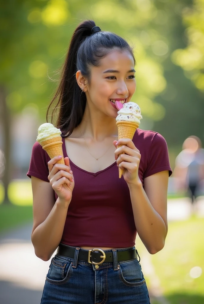 A girl sucking an ice cream in the shape of a penis