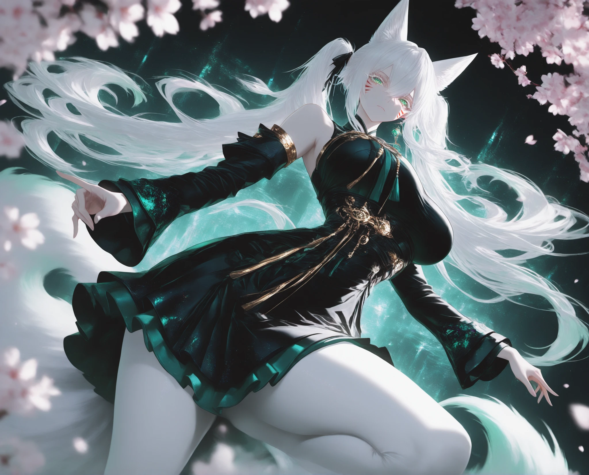 1girl, green eyes, white eyelashes, white hair, long hair, hair between eyes, large breasts, curvy, beautiful, sexy, cool, twintails, curly twintails
Solo, full Body, (dynamic angle), hazy lights, subdued lighting, blurred figures, dark background , Sakura, (cherry blossoms), detailled dress, short dress, perfect face, beautiful eyes, focus face, (4k,8k,Ultra HD),(Masterpiece:1.2),(Best quality:1.2),(Detailed:1.5),(Scenery),highly detailed,ultra-sharp,8K resolution,character focus,depth of field,(glowing particles),reflection,(Sharp Focus),contrast,(glittered fabric), turquoise theme, green and black, vibrant, energetic,(clear lines) , dark outlines,(bold outline) (aesthetic pose), (green and black clothes) , fox ears, fox tails, nine fox tails, red korean clothes, long sleeves, detached sleeves, bare shoulders, whisker markings, (dynamic pose) , cinematic lighting , cinematic angle, soft light , color detail, backlighting, Depth of field, long exposure, light steps, intricate colors, vibrant colors,, Detailed,Slight blur, soft lips, soft makeup