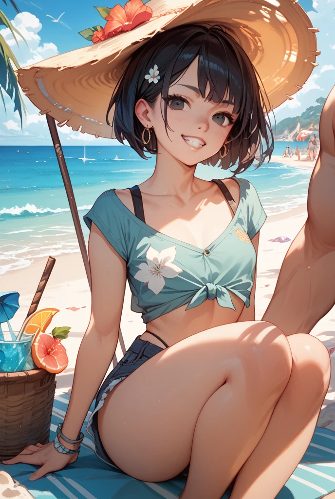 Highest quality,masterpiece,university student,Newcomer Welcome BBQ,Beach,Japan,Dark hair color,Losing a strip game and taking off her swimsuit