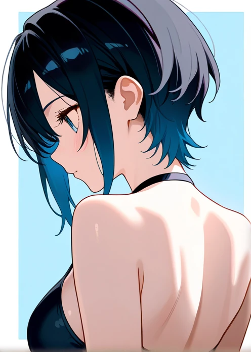 Yelan, short hair, strong body, exposed body, completely nude, sweating, blushing, looking at viewer, armpits, nsfw, embarrassed, fog, water floating around, blue threads background, (best quality,4k,highres,masterpiece), artistic style,subdued colors, vivid colors, professional lighting, detailed lips, detailed eyes.
