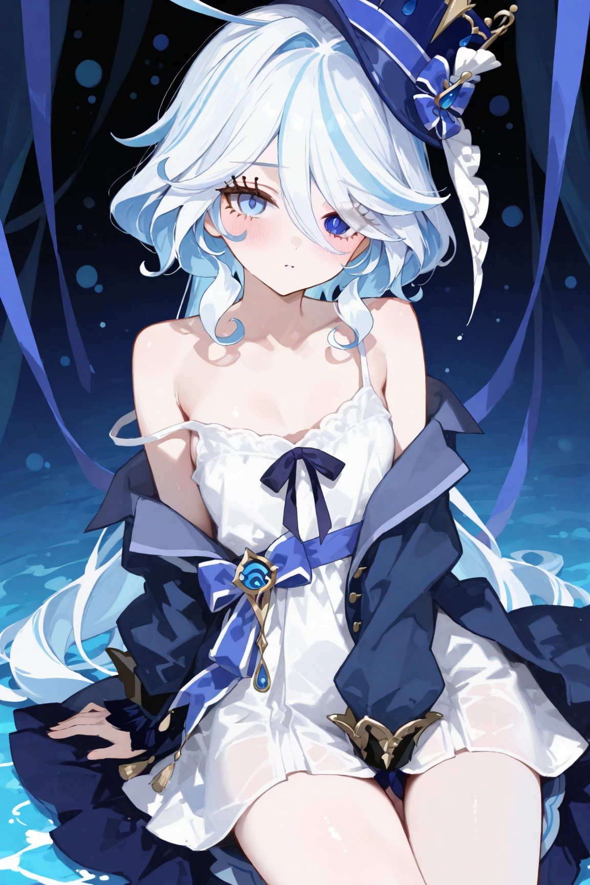 (sitting in a luxurious mahogany chair) (Silver hair) (ice-white eye pupil) (Small loli) (white cat's ear on the head) (ice flower in the eye pupil) (tear-mole) (long wand in both hands) (Witch hat) (blue-and-white witch hat) (blue-and-white long dress) (White pantyhose) (No shoes) (White gloves) Finger detail depiction (ice jewel earrings) (tear-mole) (Shy smile) (Blushing),White pantyhose