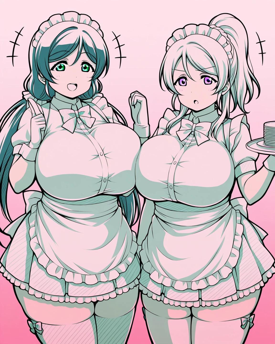 2heads, a short chubby woman with 2 heads. She has gigantic breasts. She is in a kitchen. She is wearing an apron. She has enormous breasts. She is smiling wide. She has long hair. She has a motherly appearance. Her breasts are massive. She is extremely short and chubby. Her breasts are extremely circular and look like they're surgically augmented to be bigger. She has massive breasts.