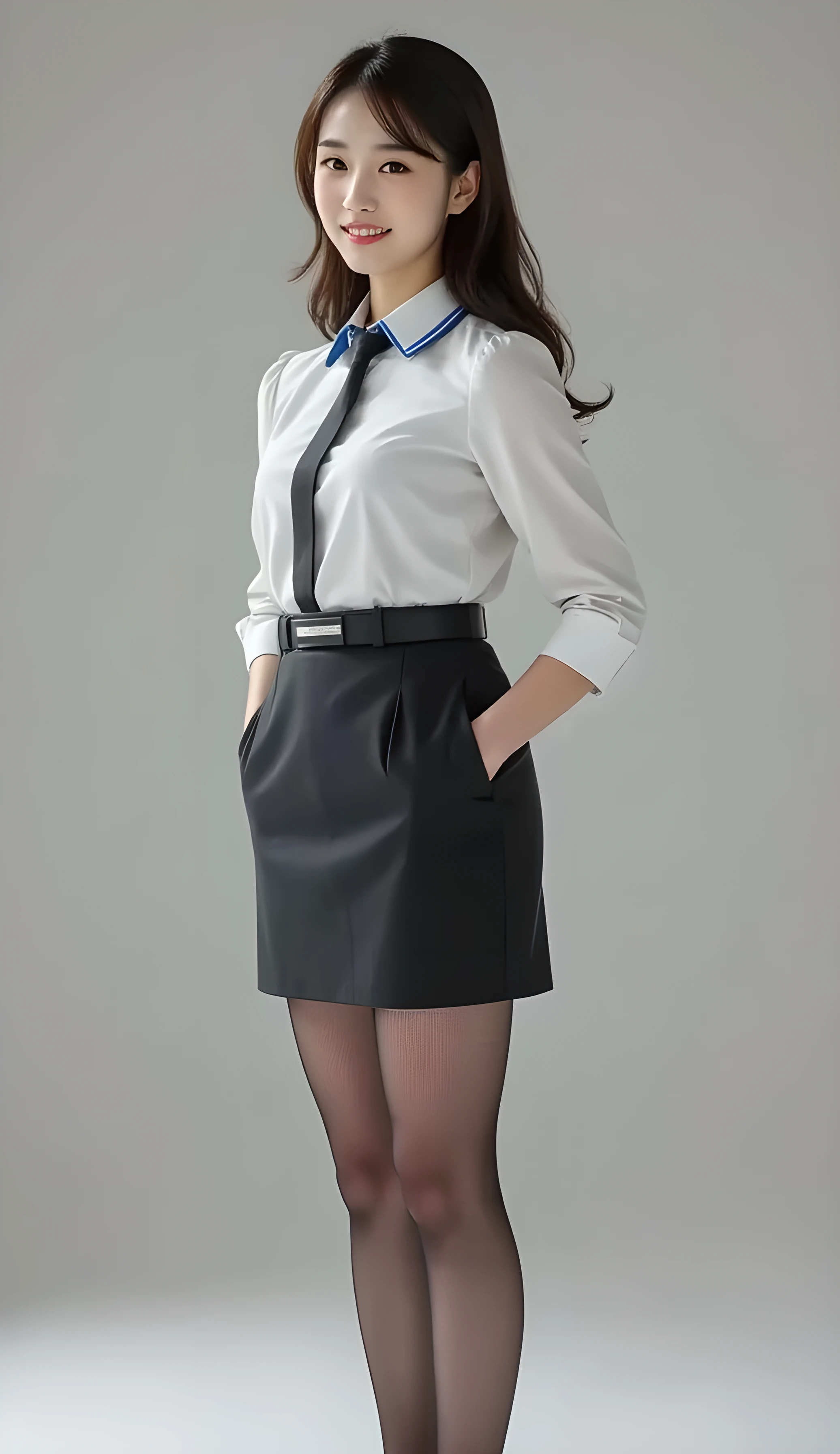       Super Real ,       Photoreal   ,    (Full body image:1.5),  She looks so happy      , shadow,           Global Illumination          , Alone, (Japanese woman in her 20s :1.5),      very beautiful、     cute smile ,    Slim,    brown hair ，　Beautiful Legs ， Long, slender legs ,       Surimi Waist   ， I'm wearing a receptionist uniform    ，I'm wearing a bus guide's uniform  ，   turn your body forward、  white hair，full body photo  ，Please take a picture up to the tip of your foot  ，wear gray fishnet stockings on her legs  ，When the light hits stockings, they reflects beautifully.，　wearing black high heels      ，