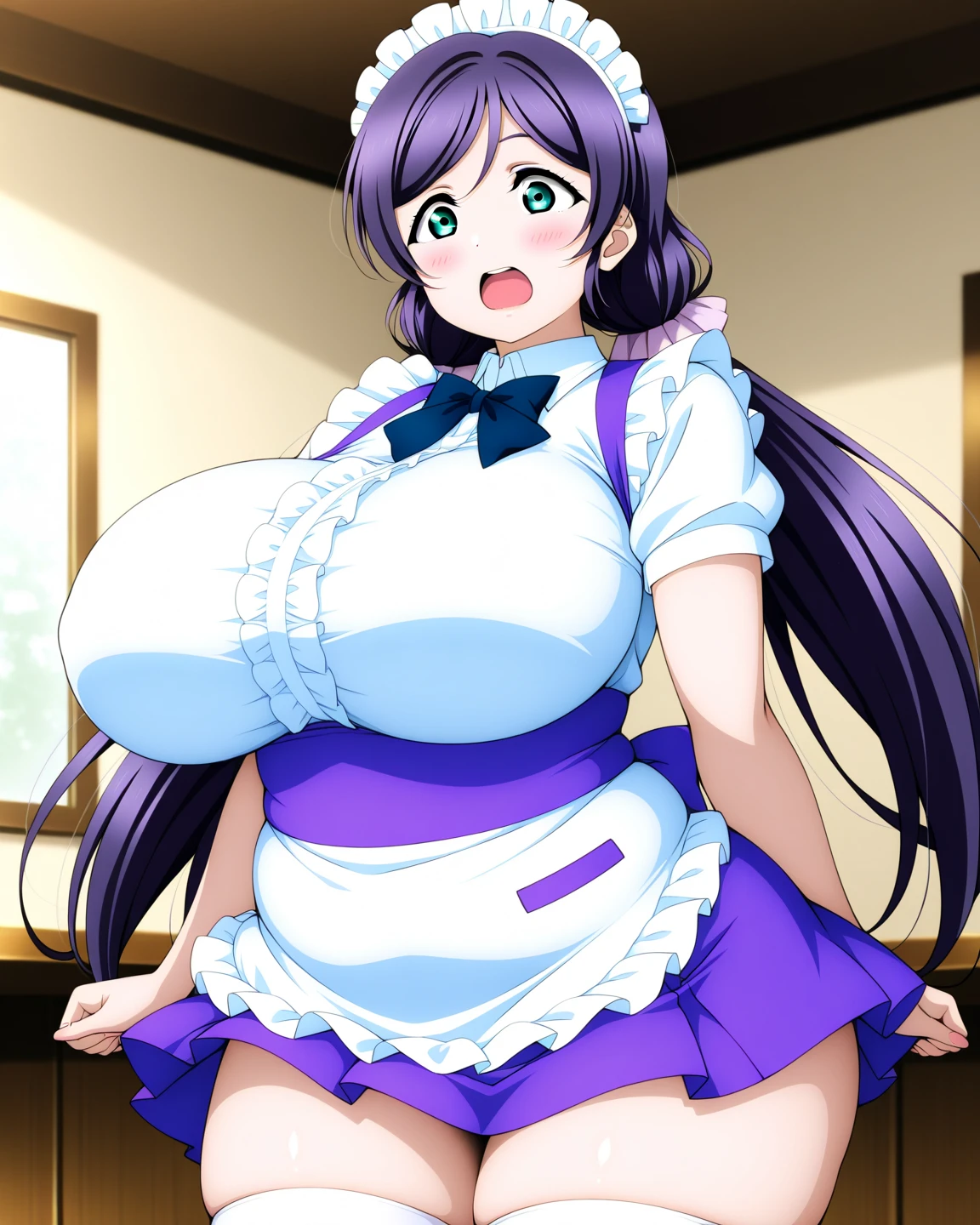 1girl, breasts, solo, long hair, large breasts, blue hair, purple eyes, (Obesity Physique, Curvy Hips, Round belly, fat rolls:1.2), soft, open mouth, ahoge, apron, blush, looking at viewer, dress, braid, pink dress, bow, smile, frills, cowboy shot, skirt, hair between eyes, gloves, pink bow, impossible clothes, indoors, standing, waitress, maid, bowtie, white ?????, pink bowtie, fingerless gloves, puffy sleeves, sidelocks, day, frilled apron, hand up,