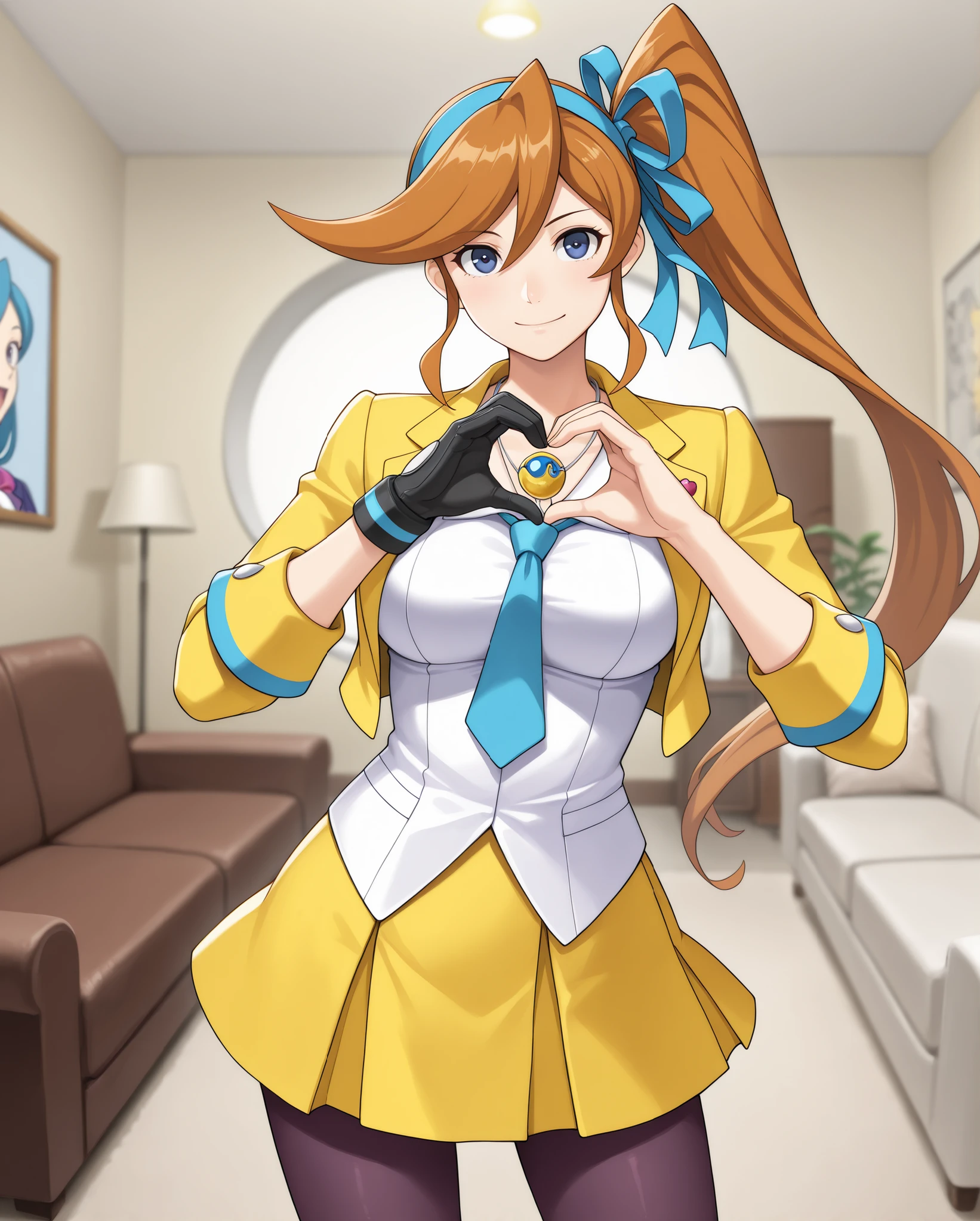 joined hands, heart shape, heart shaped hands, standing,
front view, from front,
eye-level shot, cowboy shot,
(
( Athena Cykes \ace attorney\, )
dark blue eyes, orange hair, long side ponytail, blue hair ribon,
moon crescent golden earing,
short yellow jacket,
white shirt, collared shirt,
blue necktie,
single glove,
yellow skirt, mid-lenght skirt,
black pantyhose, dark pantyhose,
)
living room, sofa, blurry background,
1 girl, solo, wide shot,
happy, looking at viewer,
masterpiece, best quality, newest, source_anime, wide eyes, breasts, flatshading,
seductive anime female, mature female,