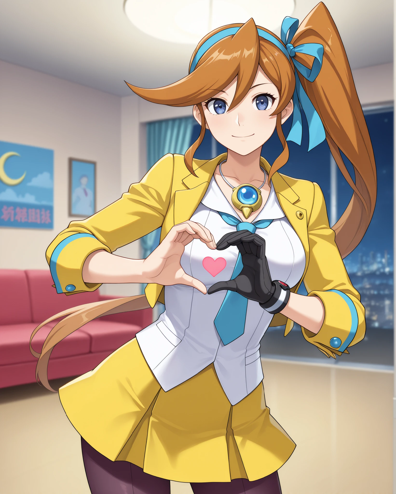 joined hands, heart shape, heart shaped hands, standing,
front view, from front,
eye-level shot, cowboy shot,
(
( Athena Cykes \ace attorney\, )
dark blue eyes, orange hair, long side ponytail, blue hair ribon,
moon crescent golden earing,
short yellow jacket,
white shirt, collared shirt,
blue necktie,
single glove,
yellow skirt, mid-lenght skirt,
black pantyhose, dark pantyhose,
)
living room, sofa, blurry background,
1 girl, solo, wide shot,
happy, looking at viewer,
masterpiece, best quality, newest, source_anime, wide eyes, breasts, flatshading,
seductive anime female, mature female,
