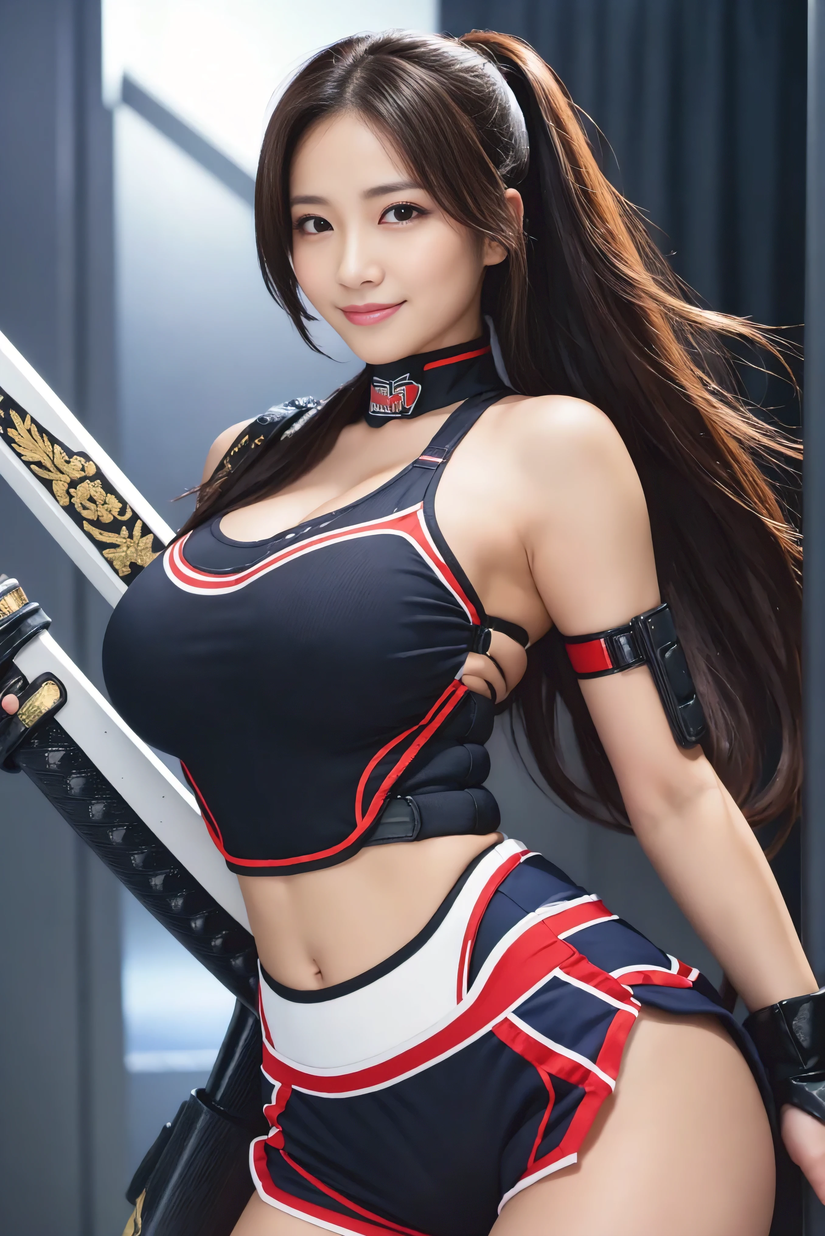 top-quality, 8K picture quality, ​masterpiece, Professional lighting without shadows, A hyper-realistic, perfect anatomia, Two girls, (with perfect body、Colossal breasts with tension:1.2), Bright whitening skin, (Bright and beautiful blue eyes with plump red tear bags reflect a lot of light..:1.2)、 A deep red ribbon tie is wrapped around the collar..、I&#39;m wearing a tight knit polo made of ultra-thin white stretchy fabric that fits snugly against my skin。, No skin is exposed on the upper body.。, Super short mini pleated tartan check skirt., (her skirt is shockingly too short:1.5), (Proudly showing off her taut huge breasts from the front through her blouse:1.2), (Another girl on the other side shows off her big ass from behind:1.2), Both bend and pose