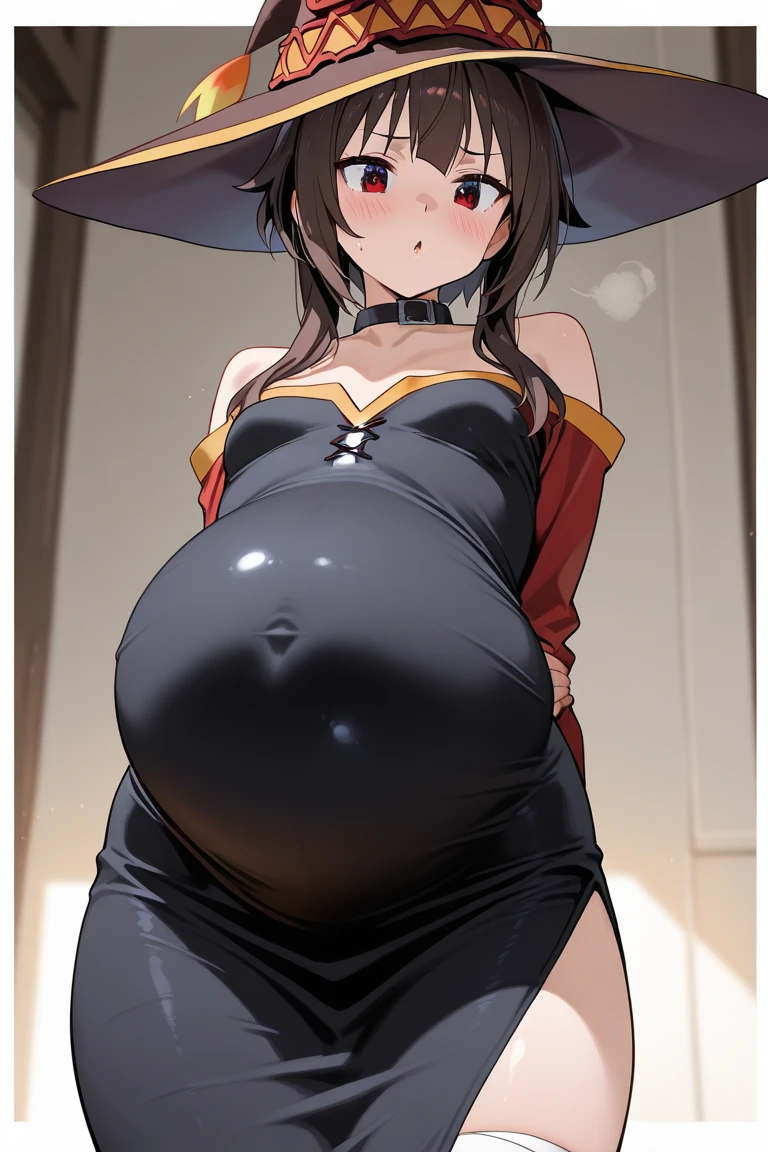 pregnant beautiful and sexy witch with short orange hair, orange eyes, black shirt, black skirt, black witch hat, malicious smile