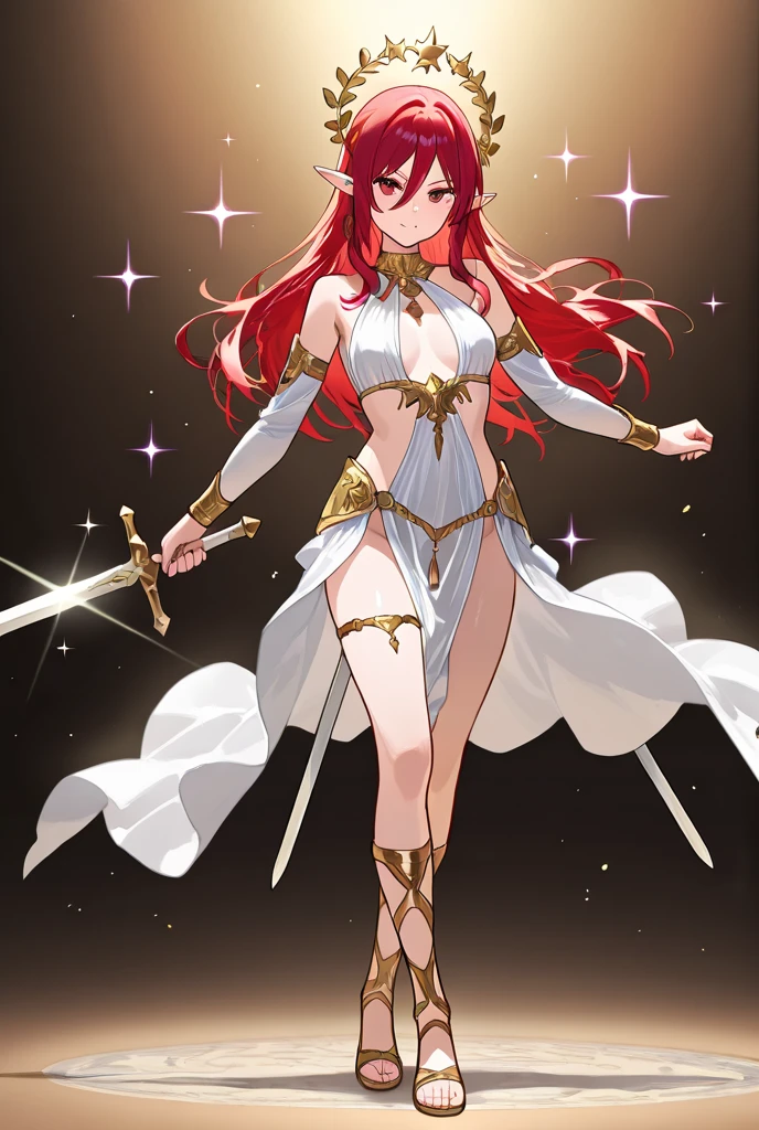 4k,High resolution,One Woman,Red Hair,long hair,Green Eyes,Big Breasts,Brave,White high leg leotard armor,White boots,Jewelry decoration,Long sword,Medieval village