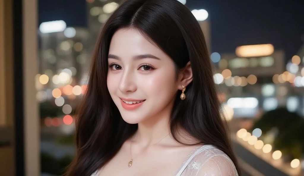 ((night scene, realistic light, best quality, 8K, Masterpiece: 1.3)), 1 woman, slim body beauty: 1.4, brown hair, (big: 1.3), off shoulder cut top: 1.3, Extraordinarily detailed face, Detailed eyes, Double eyelids, Disneyland, fountain, castle, fireworks, smile, rift