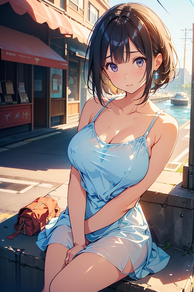 a girl in summer clothes, Camisole, random color, 25age, casual dress, making as if she wants to kiss you, (cute girl bending down looking at camera), large breasts, cleavage, random hair color, random background, Vivid Photos, flirtatious look, ((very detailed)), (perfectly detailed face), cute face, (well detailed hand), photorealistic image, bus stop, bench,countryside, ((rain, bus stopでrain宿り)), (rainbow, A sky with a rainbow), レトロなbus stop, slouch, ((A refreshing smile)),