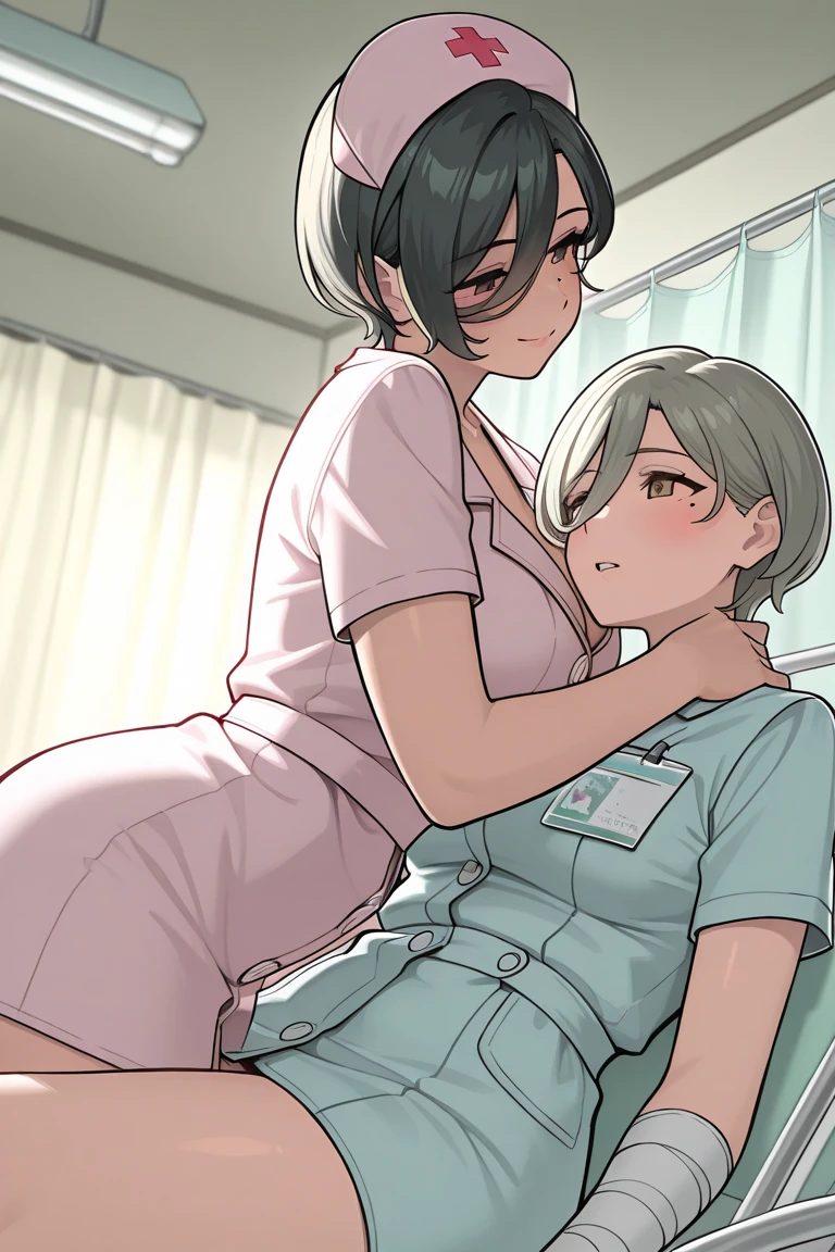 sexy doctor, short black hair, doctor uniform and short black skirt, White Thong, deep neckline, cock fuck breast