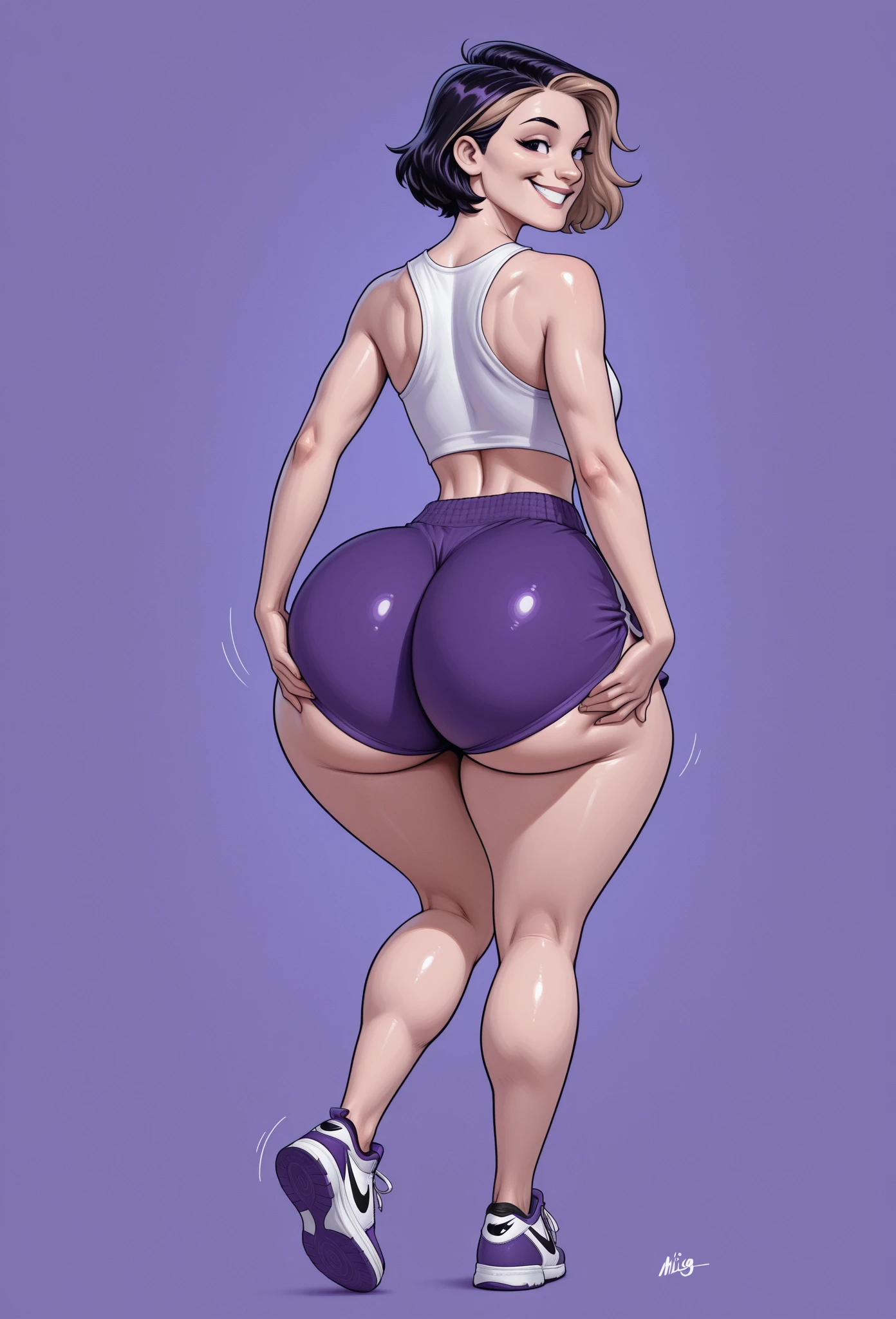 score_9, score_8_up, score_7_up, score_6_up, source_furry, solo, white fur, toriel, best quality masterpiece, overweight , bike shorts, sports bra, (huge butt:1.4), blush,