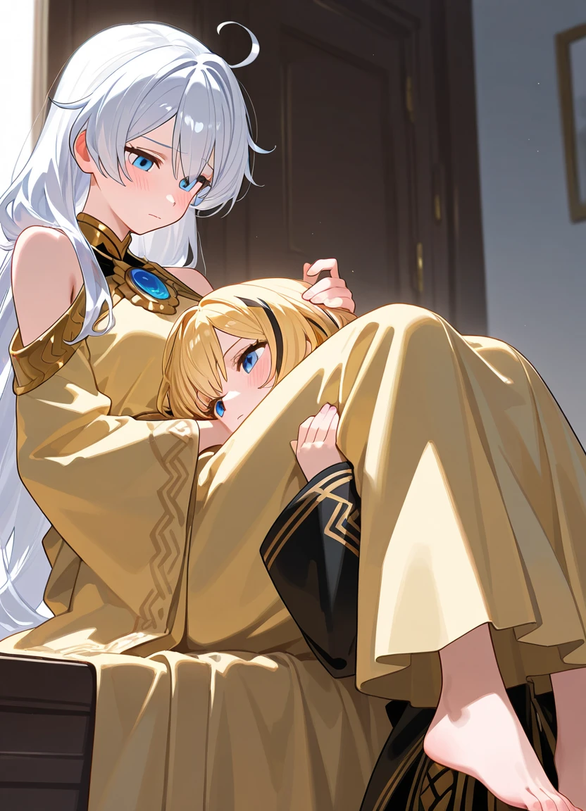 (1milf and 1little boy:1.3),sit, (lewd expressions:1.3),{open leg:1.2},((nsfw:1.2)),((1little boy Touching woman's buttocks:1.3)),((Panty shot:1.0)),(White hair,red eyes) ,gold shirt:1.1, (latex clothes:1.1),(in church),(((milf:1.3))),(embarrassed:1.3,blush:1.3),(orgasm:1.3),(ecstasy:1.3),(trembling:1.3),(tears:1.1) ,(lace panty:1.1),(huge breasts:1.2),(breasts spilling out of white bra:1.1),((steam:1.2)),Masterpiece, Top Quality, Highly Detailed, Dynamic Angle, ((Perfect Hands)), Detailed Glossy Skin, Slender hair, fine eyes), amazing backgrounds, meaningful backgrounds, absurd backgrounds, artistic overlays, and colorful hair. The style is surrealism, cinematic lighting, ray tracing,divine light, perspective,(looking away:1.1),(gold decoration),(white and red costume),(long sleeve costume),((long skirt)),(((tight shirt:1.1))),(littleboy clinging to woman),