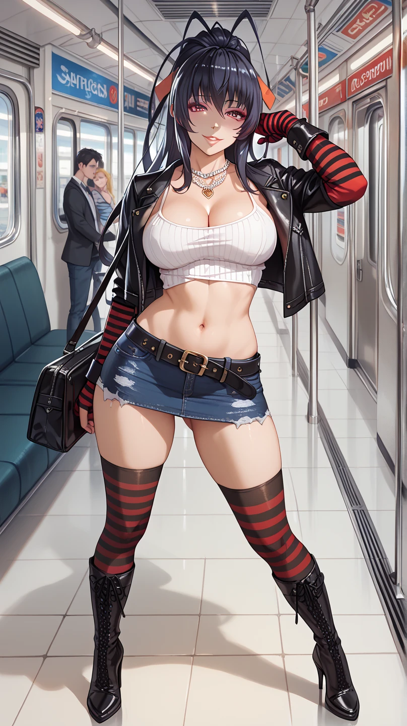 /(pathway in  a park/), (masterpiece, best quality:1.4), 1girl, solo, milf,thick thigs,wide hips (an extremely beautiful and delicate), green eyes,  long black hair, medium hair, hair between eyes, ponytail, medium breasts, ,micro skirt,open shirt, kneehigh socks, loafers, indoors, cleavage, closed_mouth, large_breasts,undersized clothes, long_hair, looking_at_viewer, navel, signature, solo, posing,thighs, tall female, on back, narrow waist, naughty face, flustered, surprised,(masterpiece, best quality:1.4),high quality, highly detailed,detailed,perfect,standing,