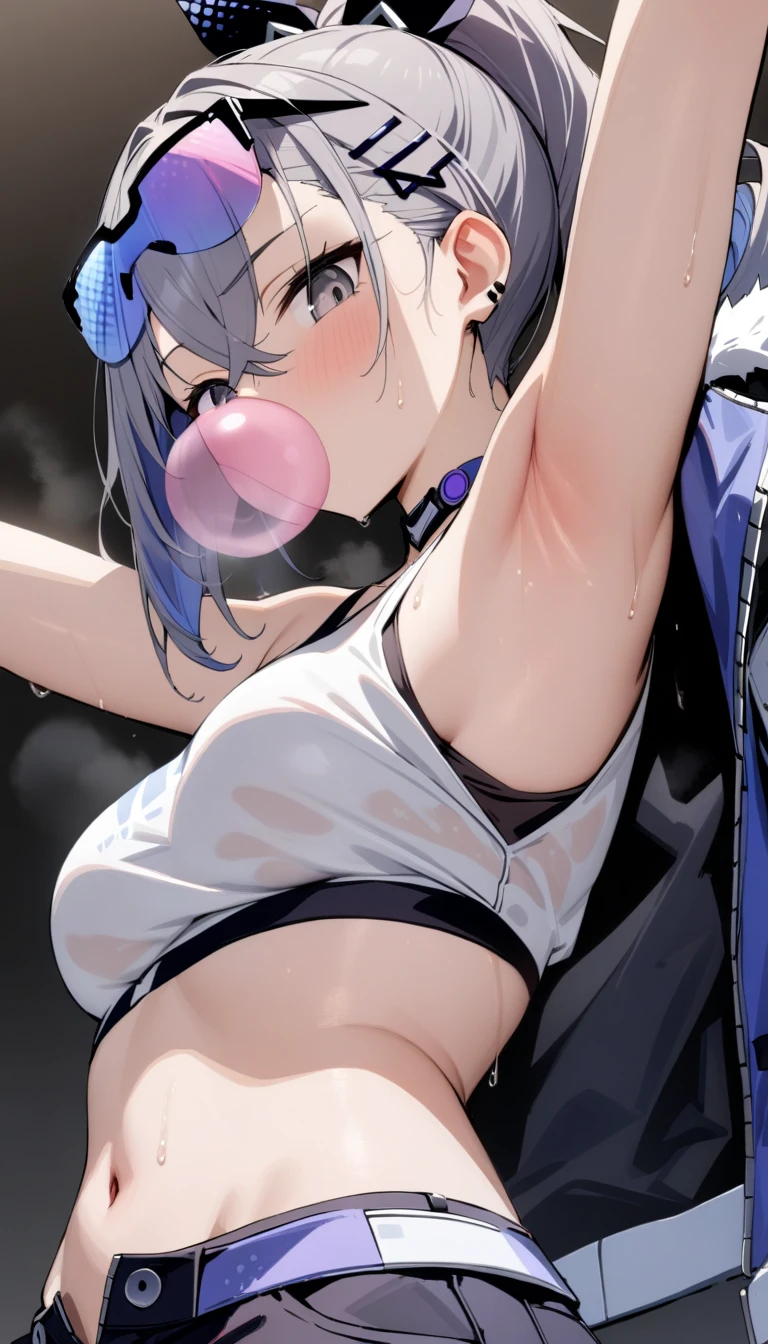 (masterpiece:1.2), Hyper Detail, highest quality, (Complex_detailed:1.1), Beautiful details, Beautiful Hair, alone,One girl,View your viewers,silverwolf,shirt, hair ornaments, gloves, Cleavage, bare shoulders, jewelry, Jacket, Hair Ribbon, white shirt, Earrings, Open clothes, No sleeve, choker, black gloves, Hair Clip, fingerless gloves, Underarms, off shoulder, Stomach, open Jacket, Crop top, No sleeve shirt, sunglasses, Wear glasses on your head, Young girl,shoulder,Upper Body,hand holding Jacket,sweating,Heavy breathing,vapor,open Jacket,greasy shoulder,From below,Look down,Reverse hair,Underarm,greasy Underarm,From the side, shoulder focus,Wet clothes,((Underarm focus)),bare shoulder,Micro Bikini Transparent、Areola、Chest、Take off all your clothes、