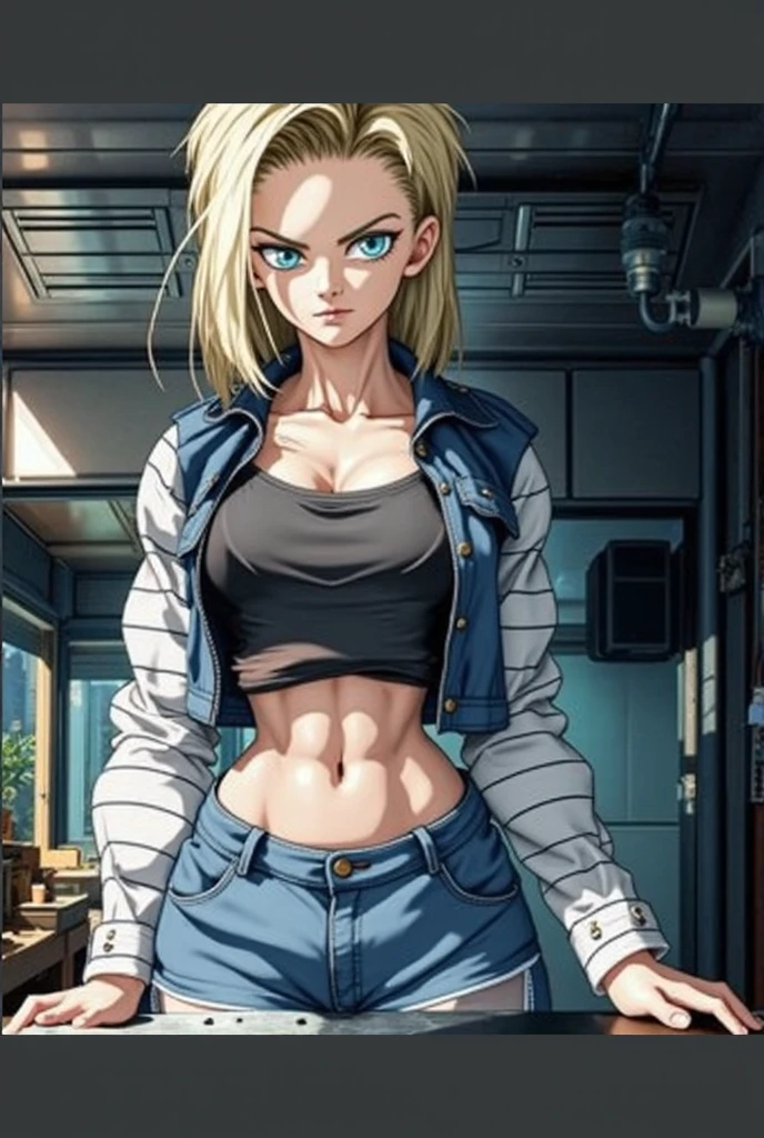 ((best qualityer)), ((upper details)), ((perfect lighting)), (android 18), pretty girl, shining skin, (blue colored eyes), short and blonde hair, torn garments, torn jeans, ripped black t-shirt, denim vest, ((fully body, fully body)), medium breasts, wide hip, legs thick, standing, (Angry), (battle pose), (from front view), ((great lighting)), cinematographic , Scene of destruction