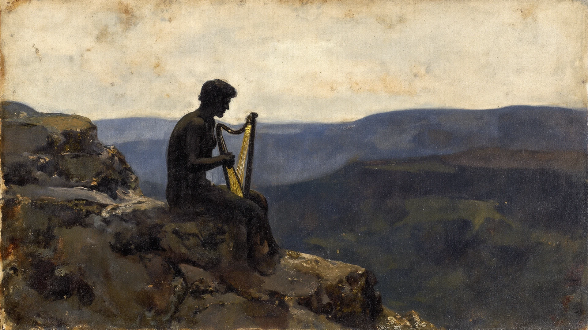 Painting depicting a male nude, Orpheus playing the harp with a dog sitting beside him, Tuomas Korpi Bouguereau, inspired by Forrest Brasch, inspired by Nassos Daphnis, god of music, inspired by Gustave Boulanger, Jules Joseph Lefebvre, Jean Leon Gerome, Alexandre Cabanel, Elon Musk as a Greek god, inspired by Jules Joseph Lefebvre