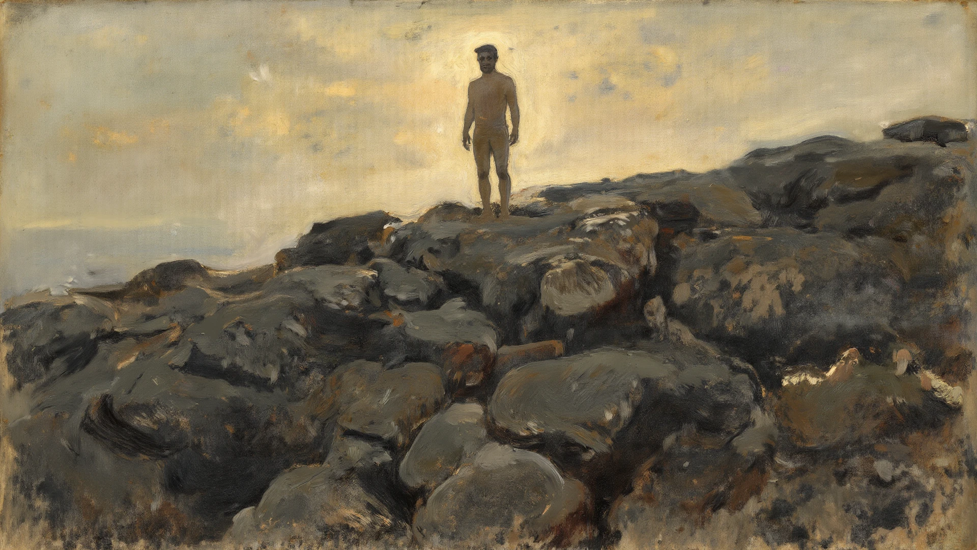 A oil painting, man, naked, a vineyard in the background, walking,