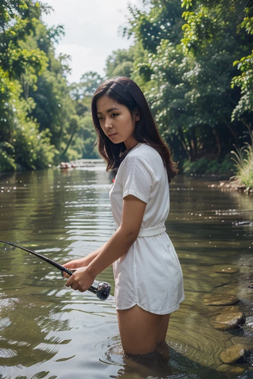 A beautiful Thai girl with smooth white skin, well-groomed face, wearing a plaid shirt,cargo pants, lots of pockets,, black hair, Korean-style bun, facing the camera, posing sitting on a rock while holding a fishing rod, fishing in a calm flowing river,the water flows clearly between the small rocks,left and right of the river are overgrown, red orchid flowers are very beautiful and amazing, very beautiful waterfall background.original photo, realistic