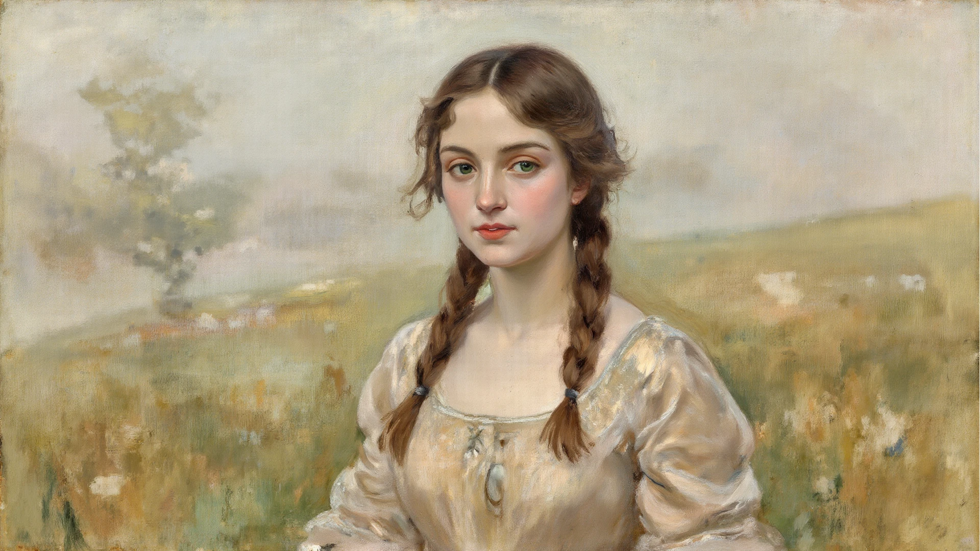 oil painting, oil paint, acrylic painting, Renaissance style, upper body portrait of a young girl with short shoulder-length hair wearing a colorful wreath in an outdoor field, girl looking somewhere, Fechin,IMPRESSIONISM,UHD, High resolution, high detail, best quality, masterpiece,