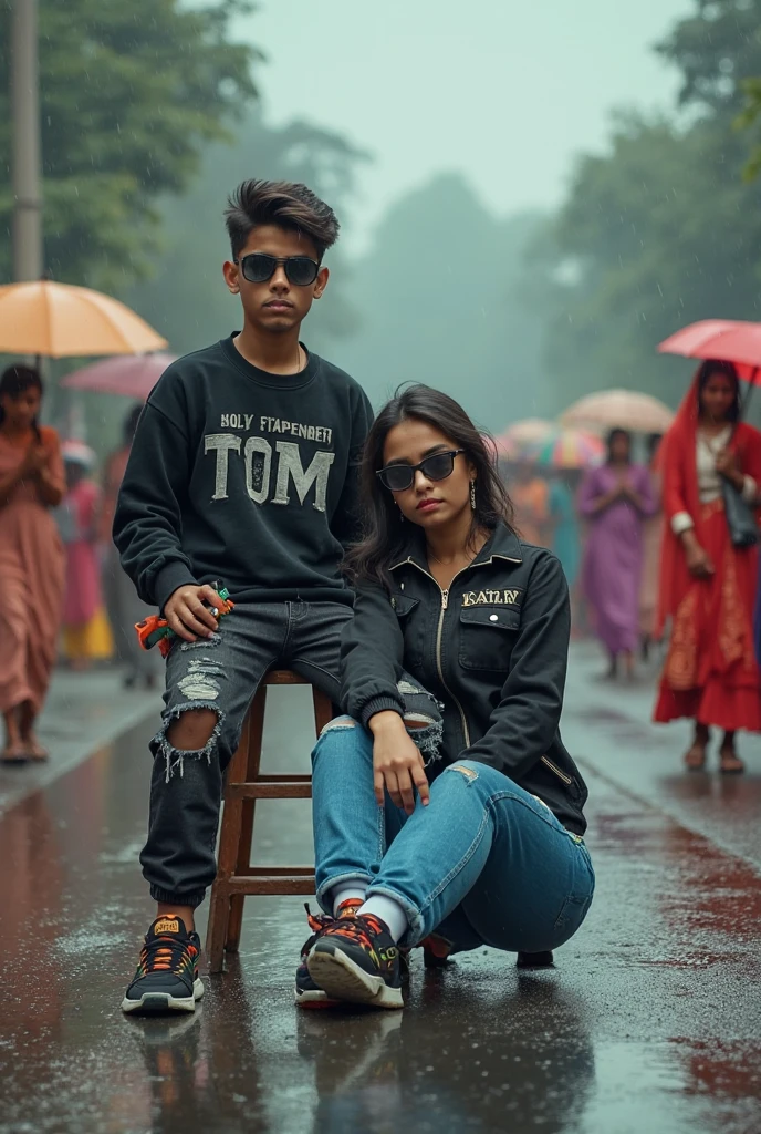 A Child Girl wearing a black outfit with details and a long black skirt is walking hand in hand with A 3-year-old boy he is wearing a black blouse with detached details a nike sshort and wearing a high top sneaker 8k uhd, dslr, soft-lighting, alta qualidade,