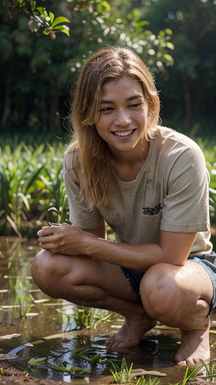A woman wearing a pink button up shirt and black skirt,  most buttons undone, jungle background, Isabela Merced,  large sagging flat breasts with dark areolas,  short skirt,  big smile, 20yo,  muddy, sitting in mud, no bra,  no panties,  vagina,  dirty skin, messy hair 