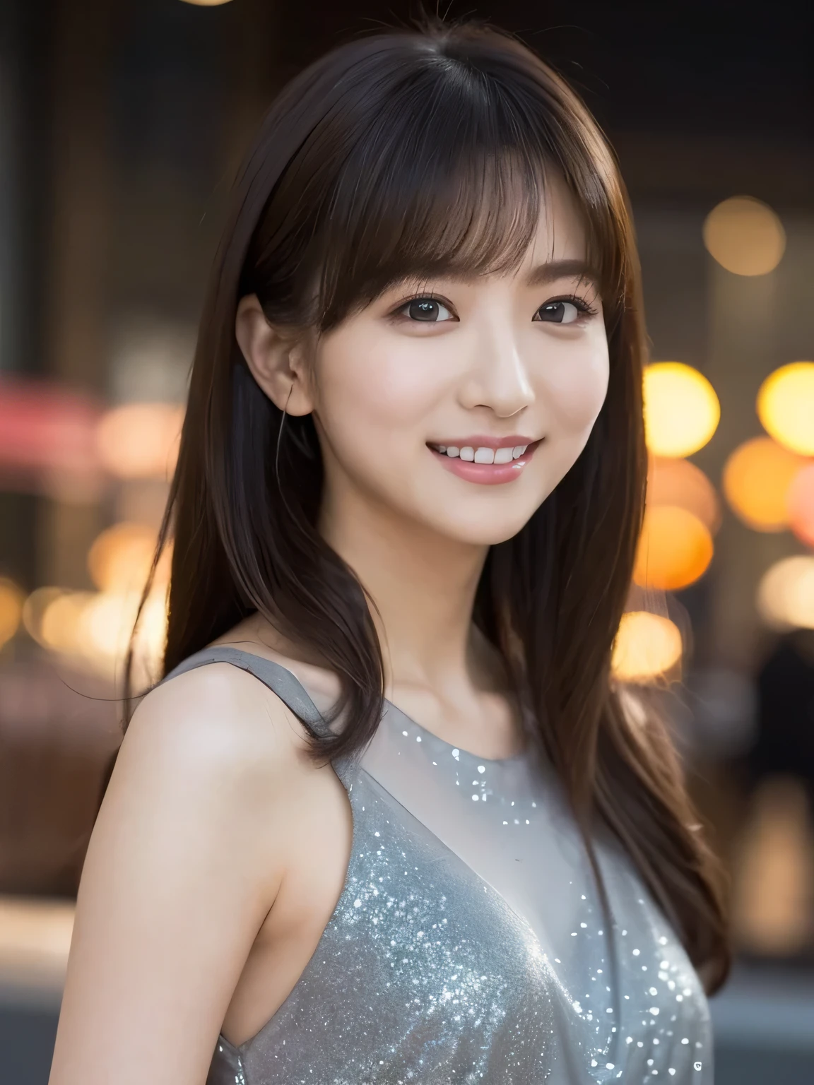 1 Girl, (Wearing a dress:1.2), (Supercluster), Very beautiful Japanese idol portraits, 
(RAW Photos, Highest quality), (Realistic, Realistic:1.4), (masterpiece), 
Very delicate and beautiful, Very detailed, 2k wallpaper, wonderful, finely, Very detailed CG Unity 8K wallpaper, Very detailed, High resolution, Soft Light, 
Beautiful detailed girl, Very detailed eyes and face, Beautiful and sophisticated nose, Beautiful and beautiful eyes, Cinema Lighting, 
(Fashion magazine photography:1.3), (Outdoor), (night lighting), (Waterfront), 
(Semi-long hair), 
Complete Anatomy, Slender body, Small breasts, smile, open mouse,