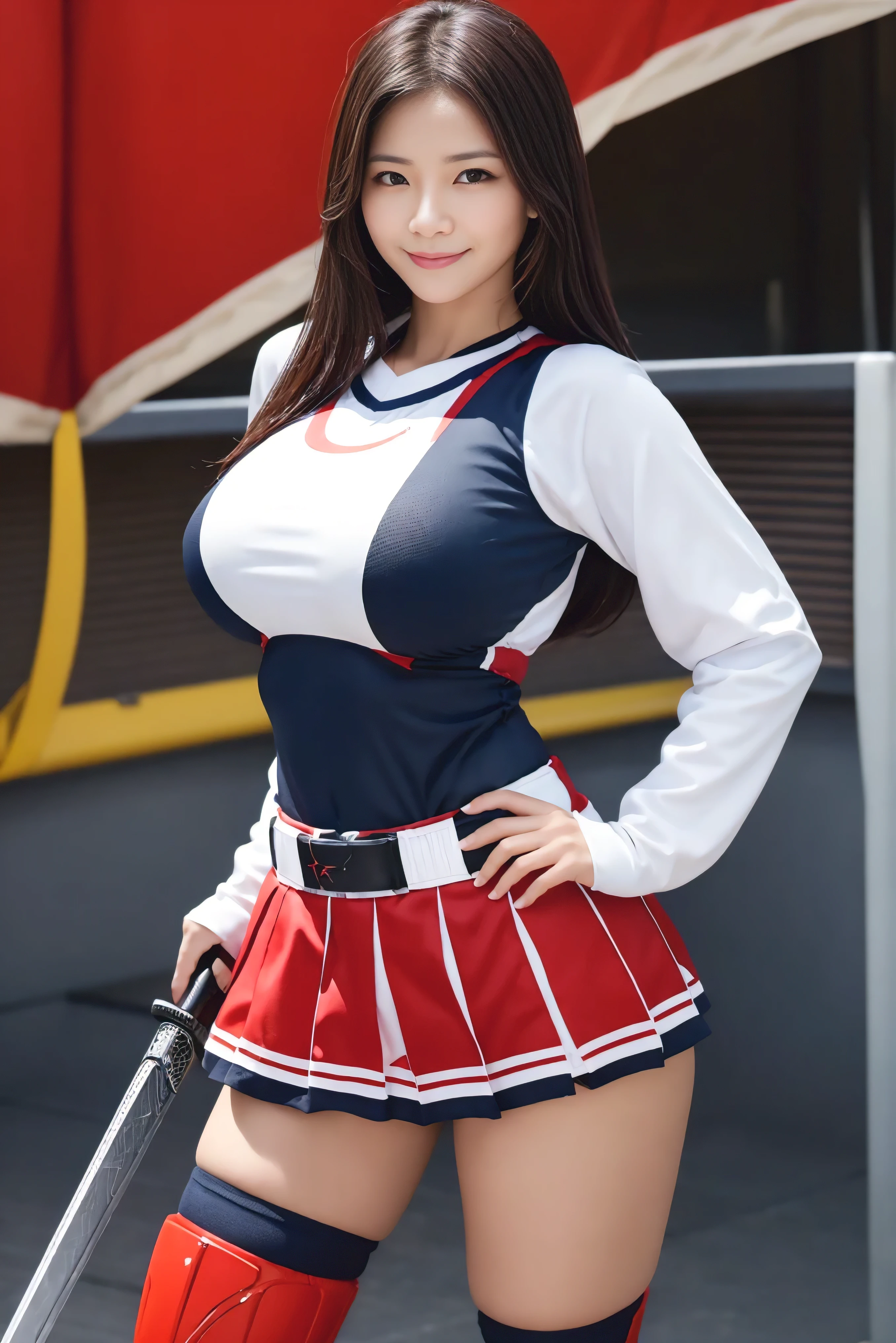 Cheerleader、17 years old、Beautiful young woman、Big Breasts、Slim figure、smile、Black Hair、bangs、Look forward、Raise one leg、I can see her cleavage