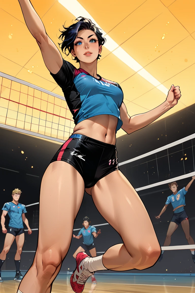 two persons. Drenched in sweat and covered in bruises, she is in a mixed martial arts ring against a female fighter. She is lying. Her opponent strong female fighter is punching her poor belly so hard. her one eye closed and mouth open, she is gasping for breath and drooling. She is a cute Japanese high school girl with short-cut black hair. She is wearing a sports bra, high-leg shorts, and open-finger gloves. Small breasts, poor belly, slender body, poor body.