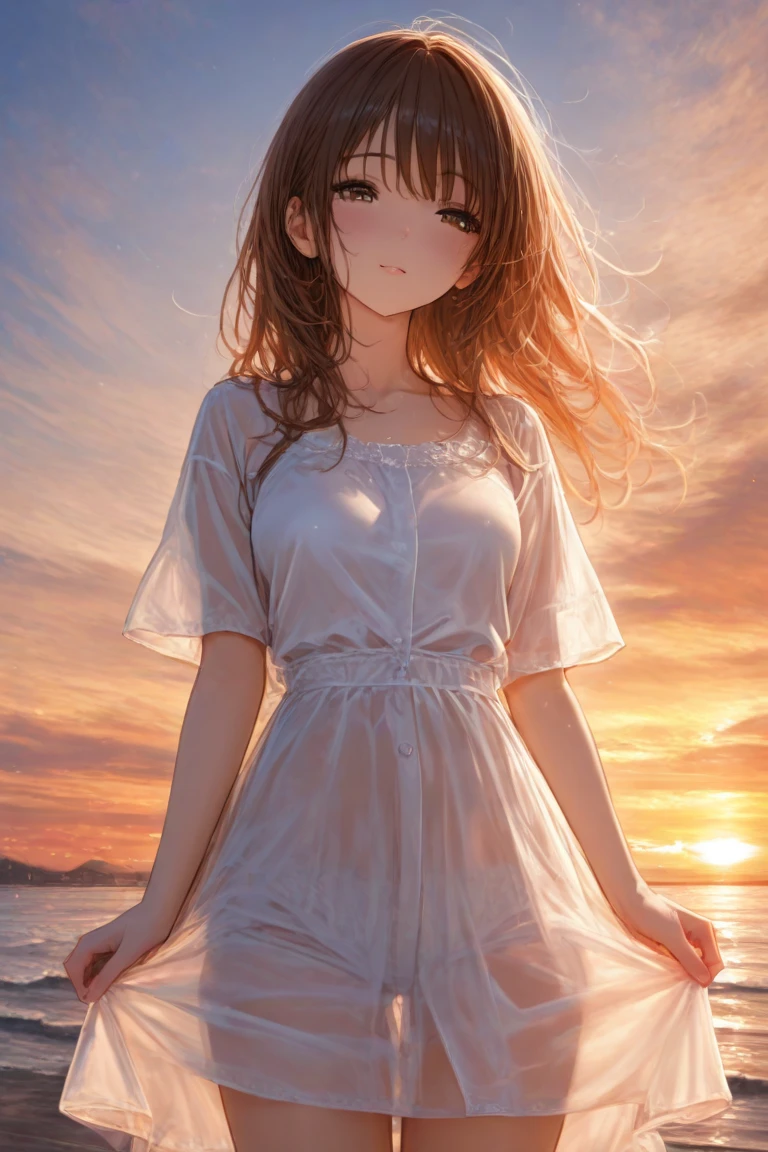 A mature woman in a wet white dress is getting wet in a rush, spraying water from below the surface to above, brown hair ponytail, sunset, masterpiece, beautiful rainbow.
