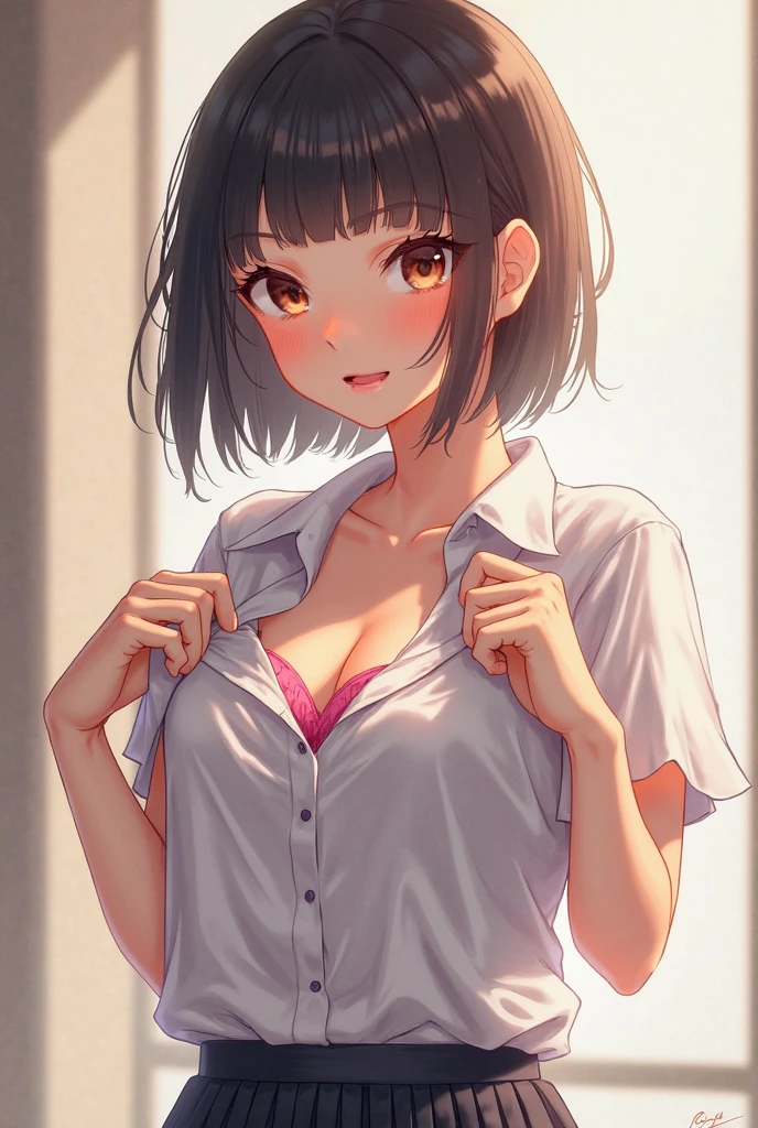 Highest quality、Realistic、、zoom、Middle school students、Girl、look up、cute、Light grey eyes、Black Hair、short hair、Tanned brown skin、Dark Skin、lingerie、Shy laugh、Flat Chest、Bust Shot、thin、classroom