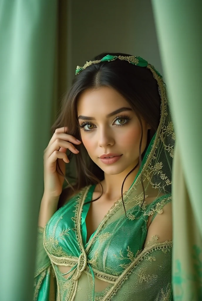 (((Mysterious brunette figure ))) 30 years old, deep green eyes, colorful glitters on the eyes and mouth, perfect hands, in white floral lingerie in transparent lace, (((half body))) , green scarf on the head with jewels, necklace and earrings, colorful crystals, holding a bouquet of white roses close to her face, soft lighting, green velvet curtains, vases of white flowers, night background, high quality, 8k, hdr.