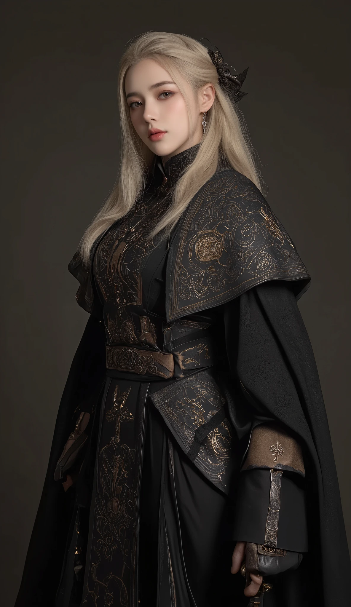 ((best quality)), realistic, Optical realism, realistic, high resolution, beautiful, young face, , white skin, Pale skin, big , Fighting posture, Looking at the camera, (detailed face), Curtain hair, blonde hair, (Put on a mage outfit..,Wizard set), (The color of the fabric depends on black..), full body, Take the whole body,