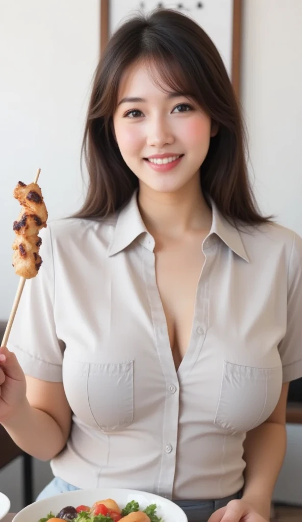 Riverside tent camping barbecue 、, Highest quality, shape, Very detailed, In detail, High resolution, 8k wallpaper, Perfect dynamic composition, Beautiful details, Natural Lip, Sexy clothes, Big Breasts, Cleavage, She is smiling while grilling meat..., A masterpiece of the whole body, Full Body Shot