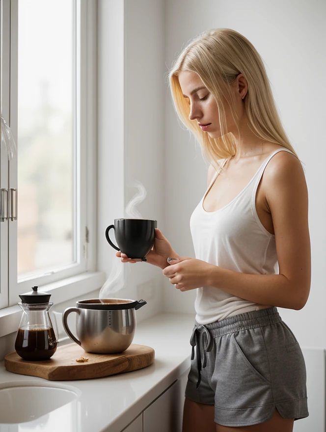 The image captures a candid moment of a young woman with platinum blond hair in a relaxed home setting. She is dressed casually in a loose grey t-shirt and patterned underwear, standing in a well-appointed kitchen. Her posture, as she gently handles a kettle, suggests she is preparing a morning beverage, possibly coffee or tea. The room features elegant marble countertops and classic cabinetry, enhancing the serene and comfortable ambiance. Natural light filters through the room, highlighting her gentle, contemplative expression and softly tousled hair. This scene beautifully melds elements of daily routine with a subtle, intimate charm, perfect for themes of morning rituals, quiet moments, or domestic tranquility.