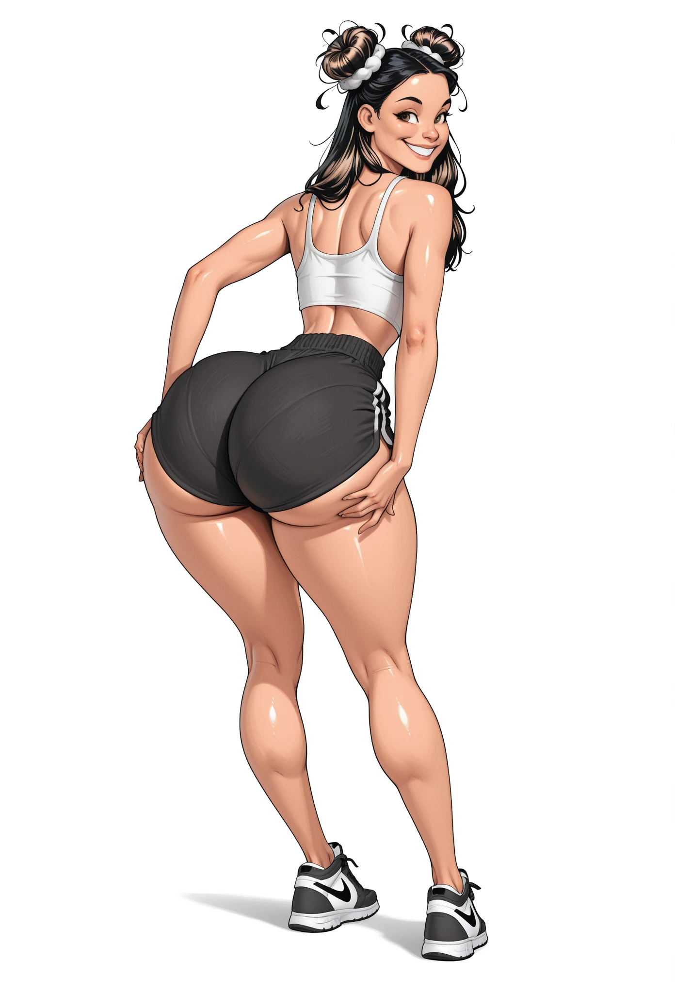 a beautiful woman artwork ultra detailed artwork, woman 32 years old beautiful face whim,very well lit perfect skin beautiful mouth lipstick mischievous smile, sexy face,ultra detailed dark brown hair.Natural brightness,very hot perfect body ,very hot huge breasts big breasts ,Breasts huge,Slim waist wide hips,perfect leg ,She wears very tight lycra shorts, drawing curves( big ass perfect big ass )White tank top ( She is walking and one foot raised looking back