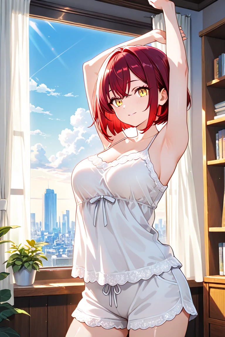 Nishikino maki, white t-shirt, slightly exposed cleavage,red hot small shorts, smile,in balcony
