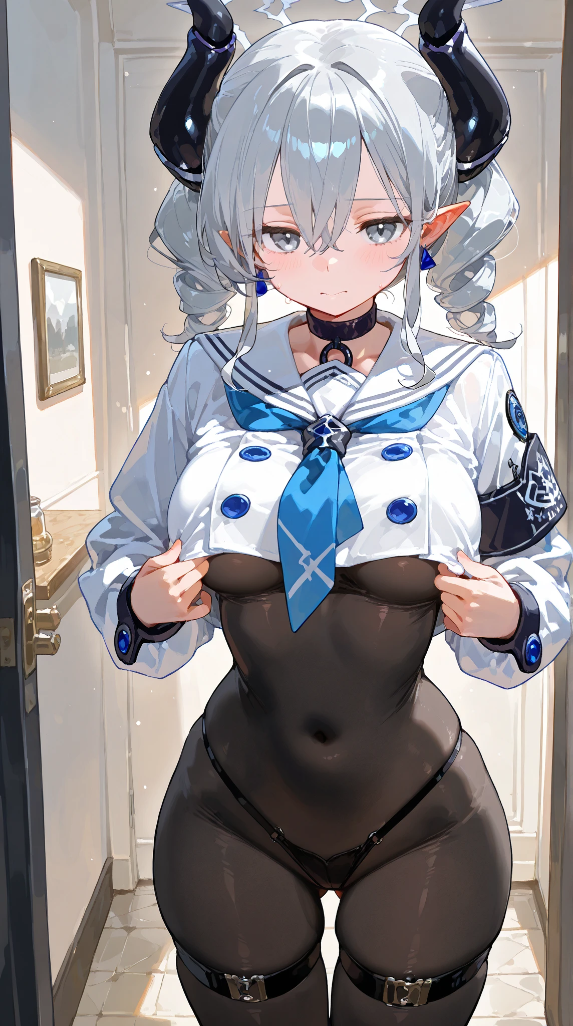 Leakage out of the collarbone，Neck leakage，Star decoration，stand posture，standing straight，there is a woman in a sailor suit posing for a picture，white backgrounid，Black and white line drawing，boobgasm，Chest exposure，tit