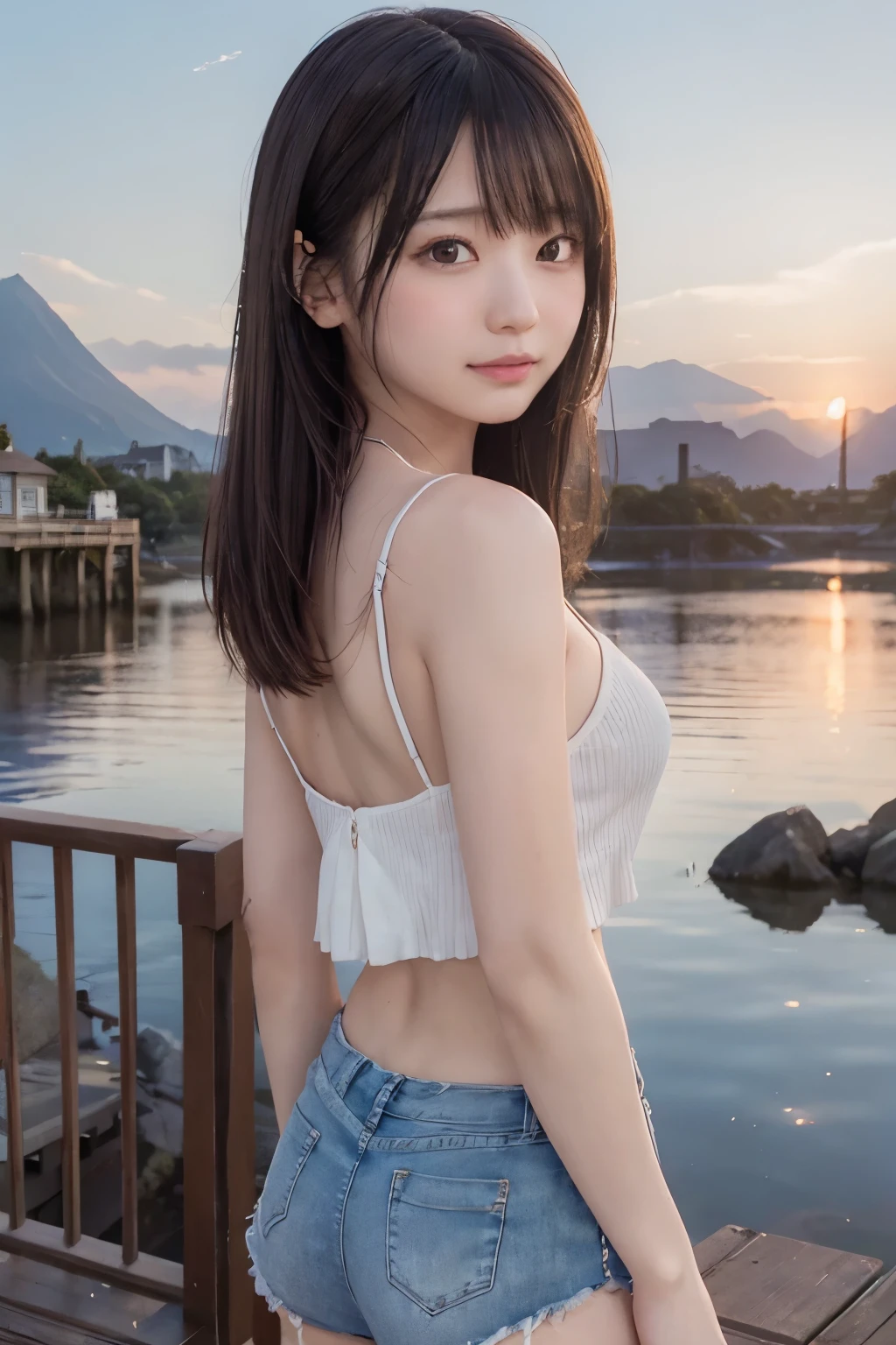 Coast, Serene Twilight, Water Reflection, 
Widephoto Lens:1.2, 
at Left Background Peninsula with Onshore Lighthouse Tower:1.6, 
at Right Background Mount Fuji:1.4, 
at Right Winding Very Congested Coastline with Illuminated Street Lamps Along Shore:1.4, 
 BREAK 
1 Japanese Girl, Very Short Bob Cut:1.6, Wide-Set Eyes, Very White Skinned, Blush, Bashfully, 19-Year-Old, Open Mouse Slightly, 
Brown Hair, Wet Hair, Non-Nipple:1.2, 
Cheerful, Light Smiling, 
Looking Back Viewer, 
(Wide Pants + Camisole-tops:1.4), 
from Behind:1.0, from Side:1.0, Medium Shot, 
On Deck, 
Perfectly Anatomically Correct:1.6, SFW:1.2, 
 BREAK 
8K, RAW Photo, Best Quality, Masterpiece, Realistic, PhotoRealistic, Extremely Detailed 8K Wallpaper, Beautifully Detailed Eyes, Finely Detailed Face, POV Shot, 
High-Key Lighting, Professional Lighting, Cinematic Lighting, Sidelighting, Bokeh