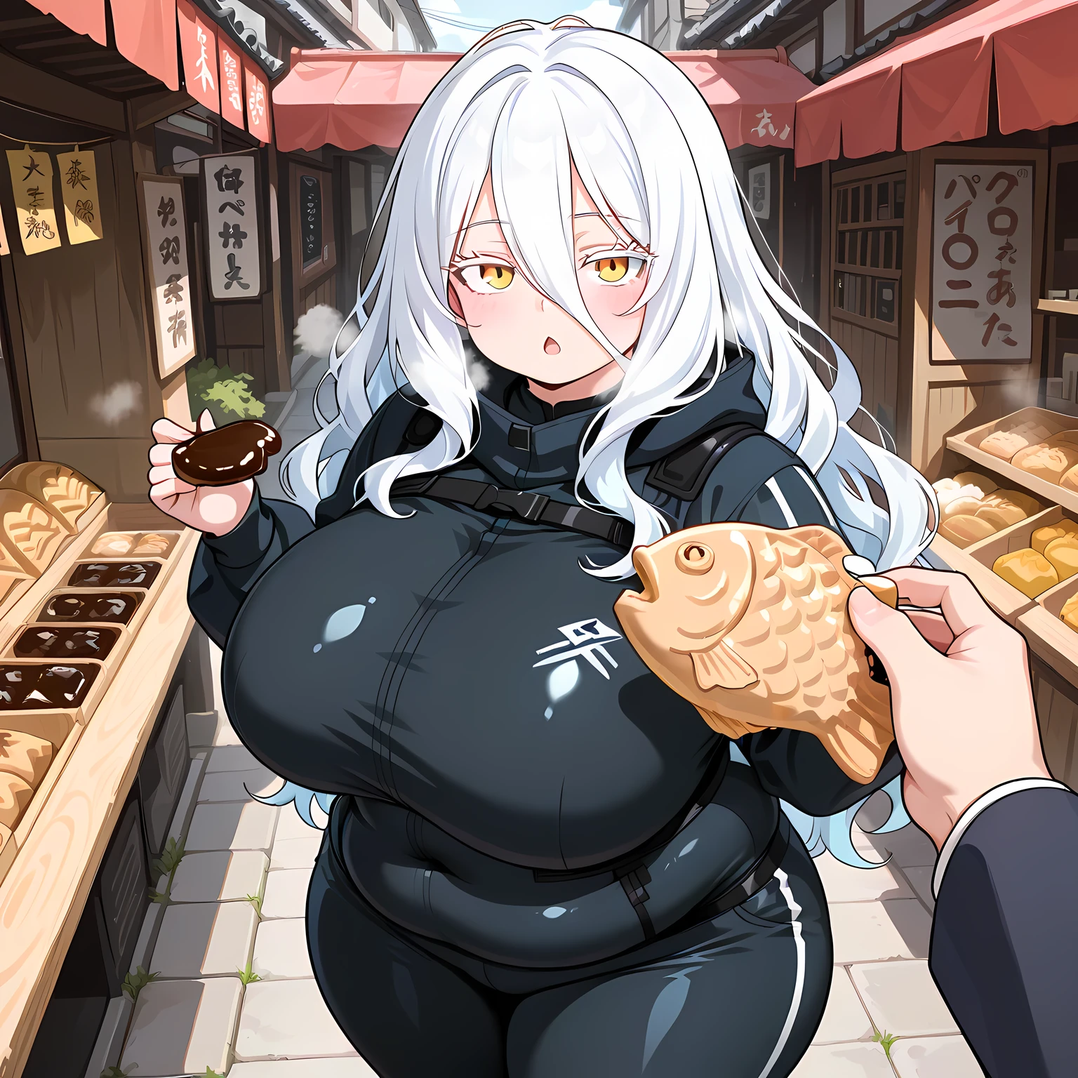 Masterpiece, source_anime, top-quality, perfect anatomically, correct anatomy, sharp focus, 4K, 8K, anime girl, 2D, 1girl, solo focus, beautiful face girl, white hair, long hair, wavy hair, long bangs, bangs between eyes, yellow eyes, open mouth, emotionless face, cute, bright skin, pale skin, white eyelashes, s, thick hips, thick thighs, thick breasts, very big breasts, huge breasts, large breasts, huge breasts:2.3, black outfit, ninja outfit, long sleeves, pants, standing, outdoor, in japanese market, from side, pov belly, looking up at viewer, close up, , looking at viewer, , girl holding a taiyaki with her 2 hands, taiyaki with chocolate filling, taiyaki that has been bitten, girl handing out taiyaki to viewer, girl feed taiyaki to viewer, feeding in coming, feeding taiyaki incoming pov,being fed pov, safe for work fat, chubby, obese, gigantic arms and legs, large breasts open mouth, out of breath