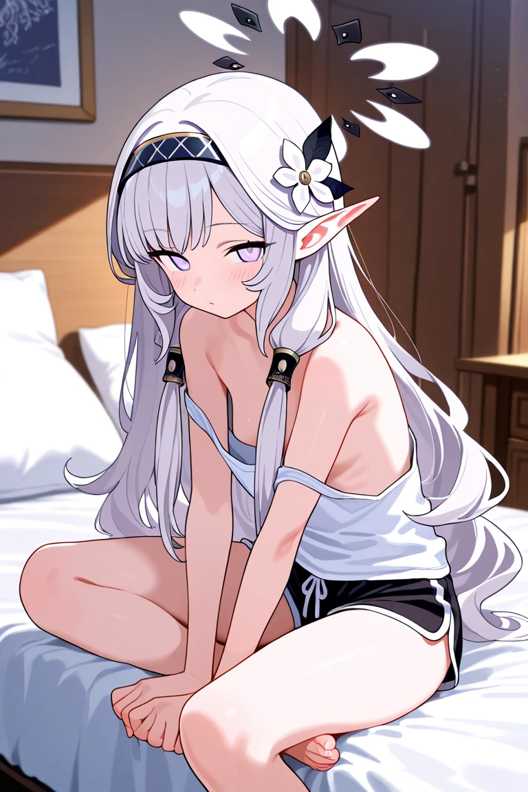 Masterpiece、Anime Coloring、Ultra fine、8K、、One Girl、Open your mouth wide、cowboy shot、looking at the camera、smile、blush、Watery eye、((white floral underwear、 underwear))、((lie on bed))、Bedroom、sunny、Gray Hair、Long Hair、Elf Ears