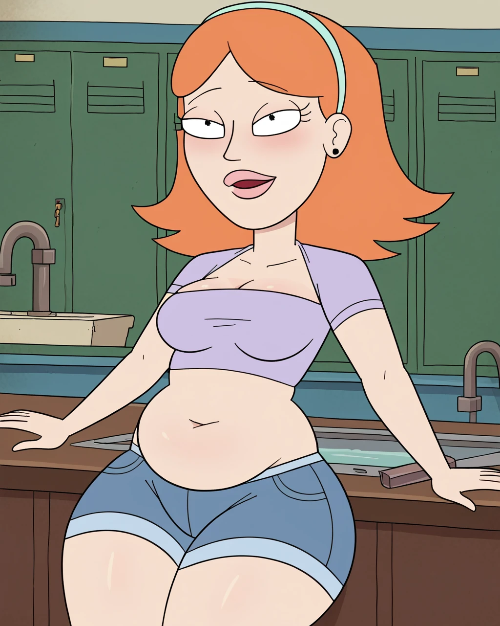 meg, brown hair, 1girl, glasses, solo, short hair, flat color, blue short shorts, beanie, pink bikini top,standing, hand on own hip, looking at viewer, smile, massive breasts, underboobs, thick thighs, thin waist, tall open-toe platform high heels